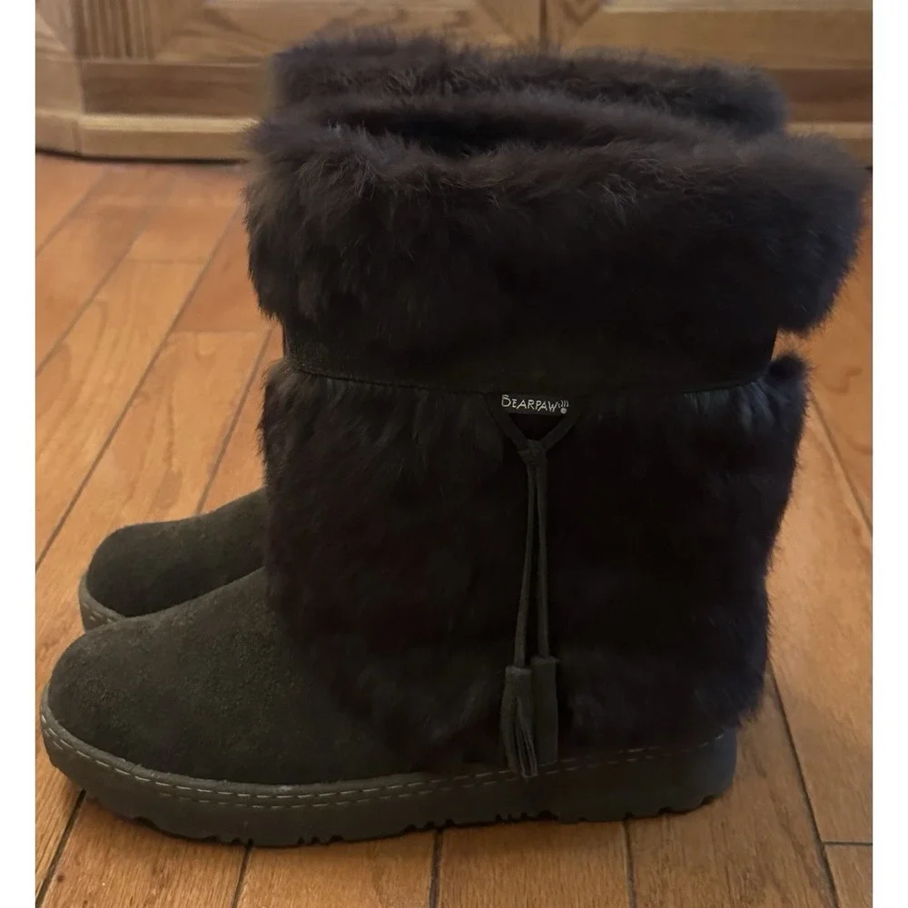 Bearpaw Rabbit Fur Boots, Dark Brown, Size 12